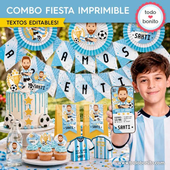 Combo fiesta imprimible Messi Selección Argentina con invitación decoración cajita y detalles para cumpleaños