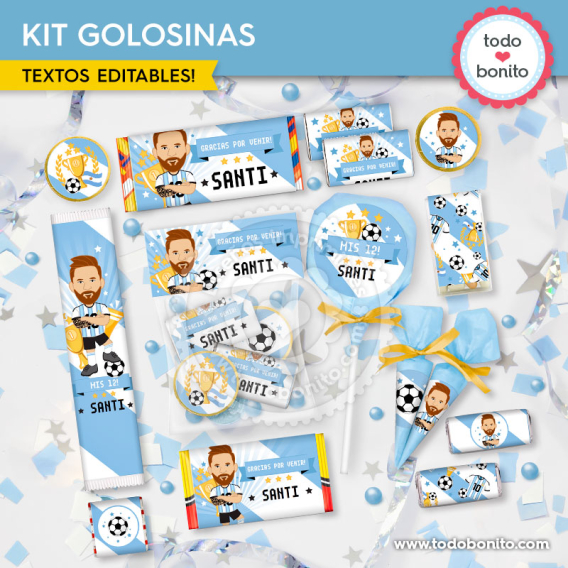 Etiquetas de golosinas Messi Selección Argentina imprimibles para mesa dulce