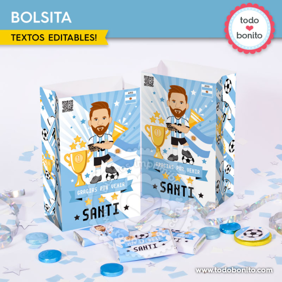 Bolsa sorpresita Messi Selección Argentina imprimible para cumpleaños de fútbol