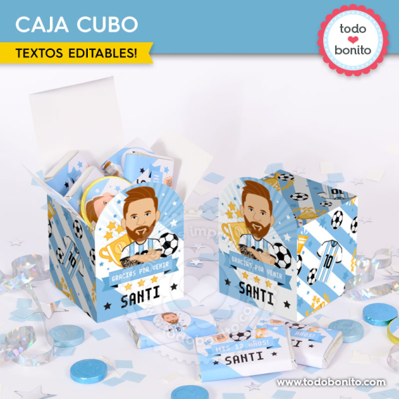 Caja cubo Messi Selección Argentina imprimible para souvenirs de cumpleaños
