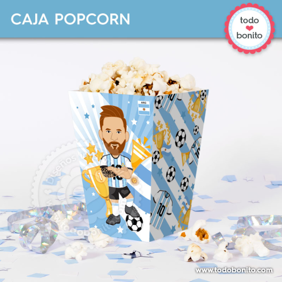 Caja popcorn Messi Selección Argentina imprimible para mesa dulce de cumpleaños