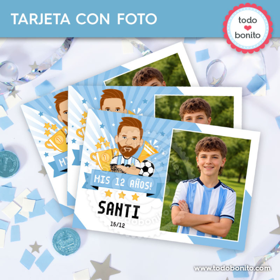 Tarjeta con foto Messi Selección Argentina para recuerdo de cumpleaños futbolero