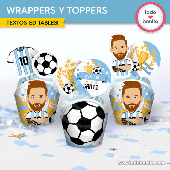 Wrappers y toppers Messi Selección Argentina para cupcakes de cumpleaños