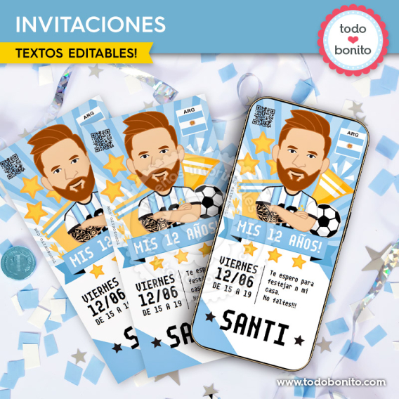 Invitación imprimible y digital Messi Selección Argentina para cumpleaños de fútbol